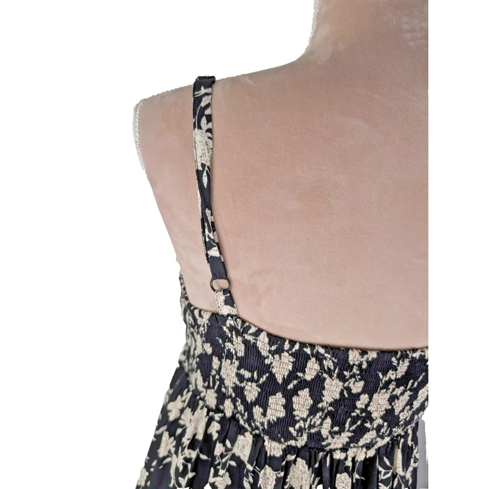 Neuflora Floral Smocked Tiered Ruffle Black Maxi Sz L Prairie Boho Modest Dress - Picture 4 of 13